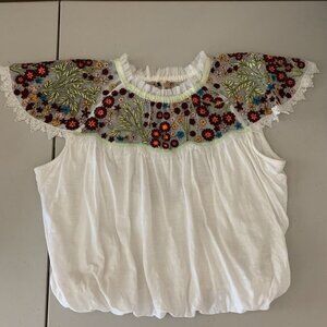 FREE PEOPLE white mesh embroidered floral summer shirt XS